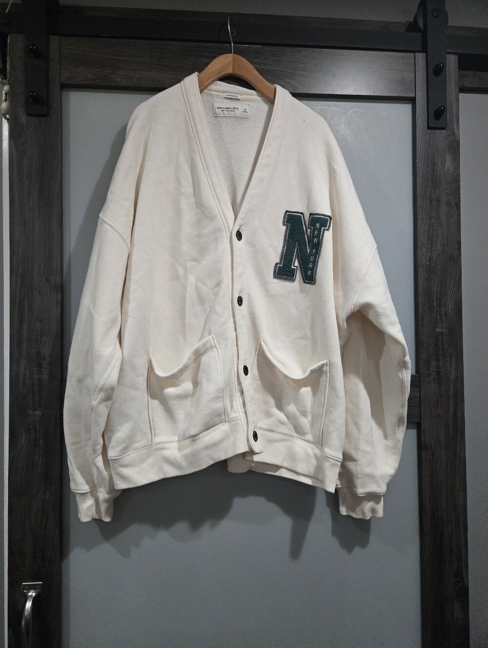 Abercrombie and Fitch men’s oversized button up cream letterman cardigan fleece